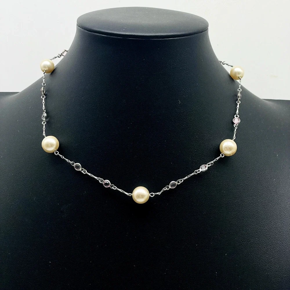 Signed Monet Necklace Silver Tone Pink Rhinestone Faux Pearl Station Vintage
